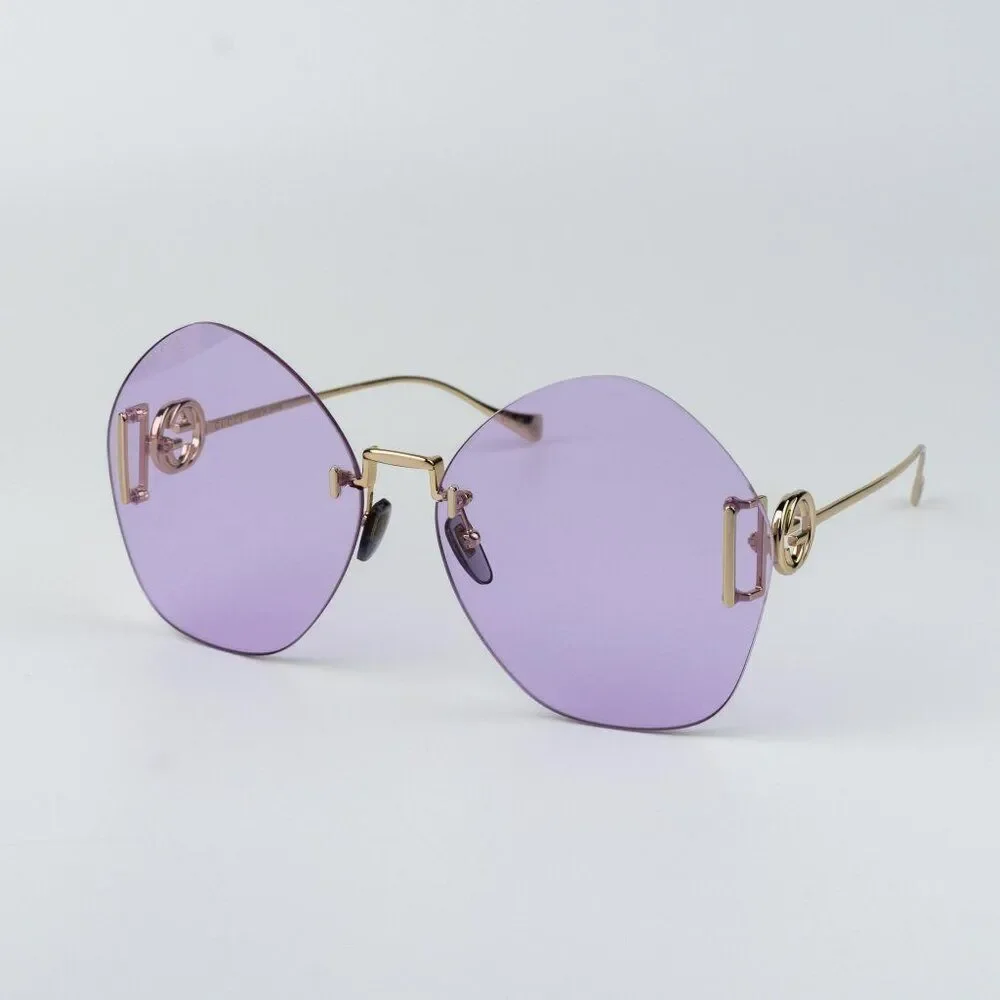 Gucci Women Sunglasses Gold Chain Violet Round GG1203S 001 NEW AUTHENTIC